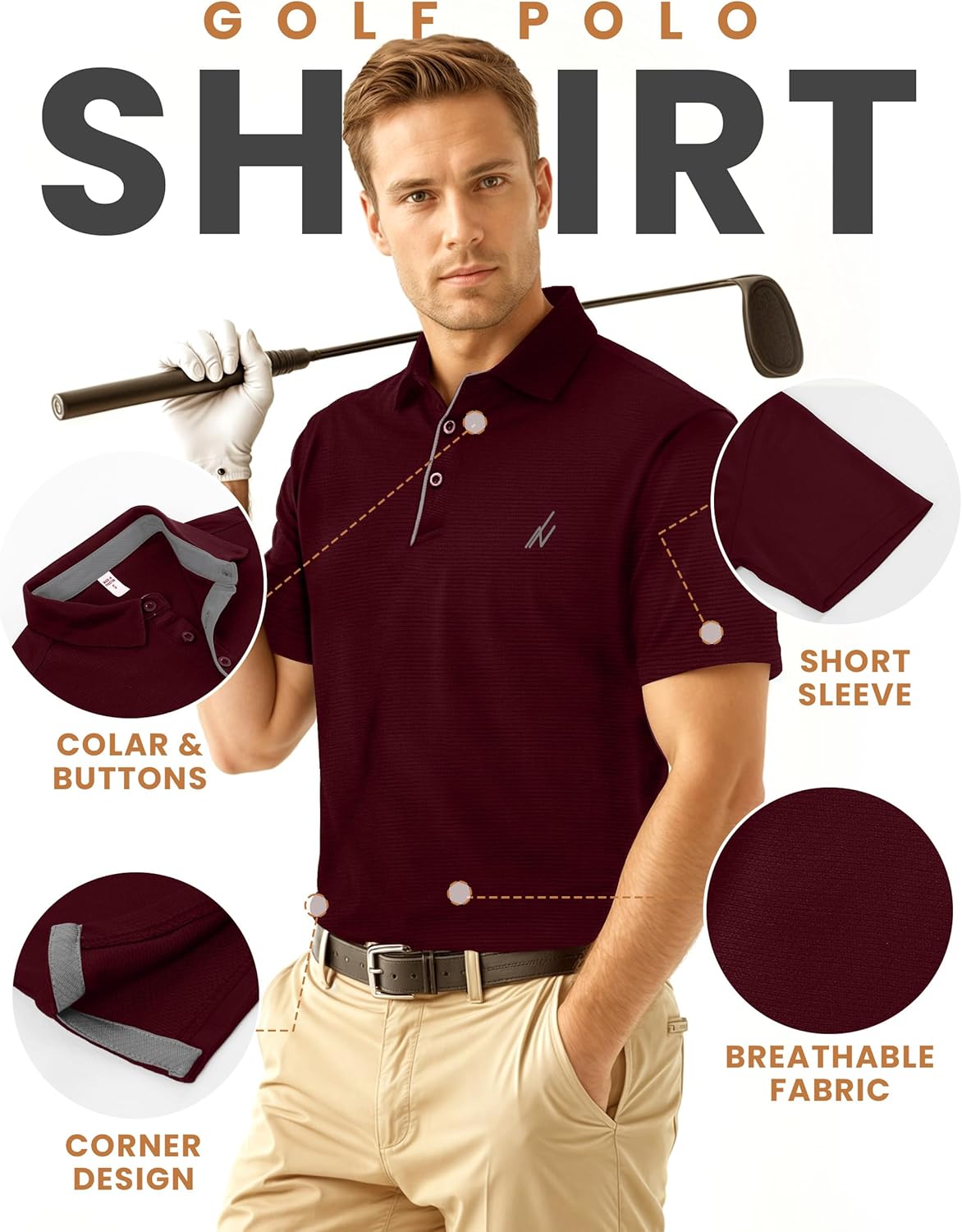 Golf Polo Shirt Regular Fit Moisture Wicking Quick Dry Performance Short Sleeves Polo